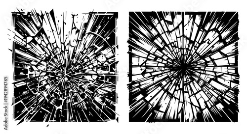 Shattered broken glass texture vector set, cracked mirror window shards effect destructive illustration