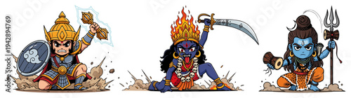 Chibi Hindu Deities Set Kali Shiva and Hanuman, Indian Mythology Religious Cartoon Characters Vector