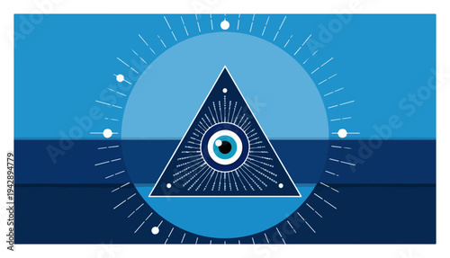 Evil eye in triangle occult symbol vector, Nazar amulet spiritual protection blue geometric background