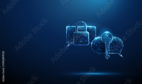 3d two speech bubbles with padlock and key Secure communication, encrypted messaging, access authentication, private conversation channel, password exchange assistance concept