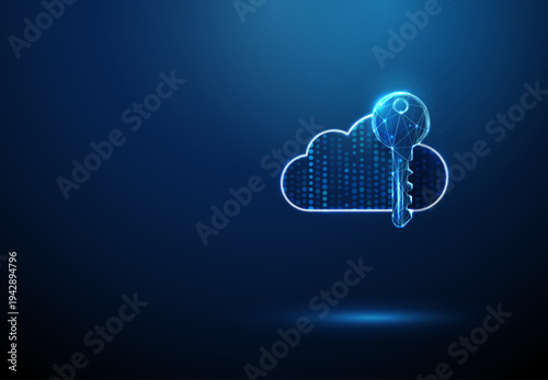 3d blue data cloud with key. Secure cloud access, encrypted data storage, digital key authorization, protected information systems, safe remote access concept.