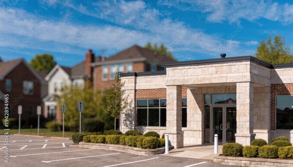 Naklejka premium Suburban credit union entrance highlighted in medium shot with clear directional signage ample handicapped parking spaces and manicured shrubs the surrounding neighborhood faded