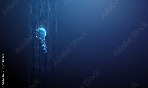 3d blue digital key floating within a stream of data points. Secure access, encrypted information flow, digital authentication, identity verification, network security concept.