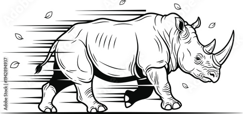 Black and white of a rhino running to the right with motion lines and leaves animal