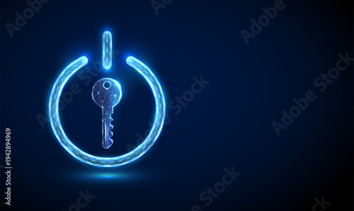 3d digital key integrated in power button. Secure system activation, access-controlled startup, protected technology launch, encrypted entry verification, digital control concept.