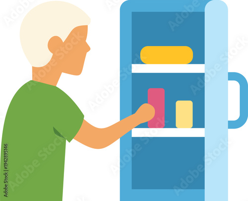 Person reaching for an item inside an open refrigerator for a snack or meal