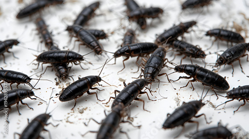Black cockroaches crawling on white background in chaos motion