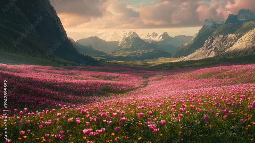Obraz premium A breathtaking landscape featu a vibrant field of pink and orange flowers led between towe mountains under a pastel colored sky at golden hour.