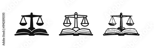 Law and Justice Education Icon Set: Scales of Justice on Open Book Symbol