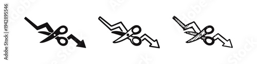 Price Cut and Discount Icon Set with Scissors and Down Arrow, Financial Reduction and Cost Cutting Concept.