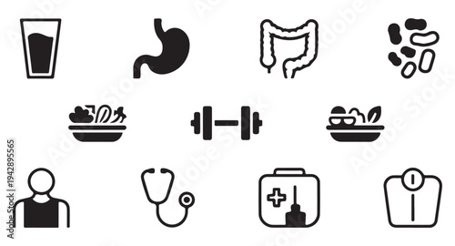 Health and fitness flat icons with medical equipment digestive organs workout weights and diet symbols