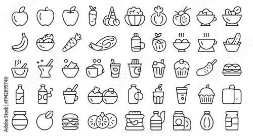 Food icon set, fruits vegetables meals snacks and drinks, outline vector illustration