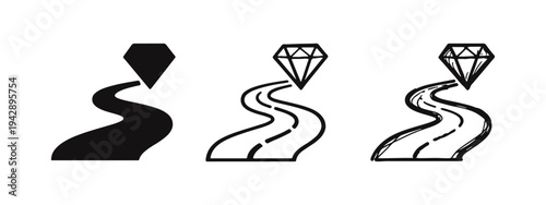 Path to Success and Achievement Icon Set with Diamond Goal, Journey to Value and Quality Concept.