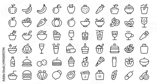 Outline food and drink icons set for healthy eating and meal illustration collection