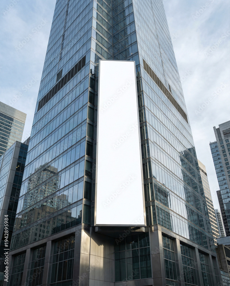 Obraz premium Blank Vertical large Billboard Mockup on Modern Glass Skyscraper Building