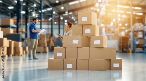 Warehouse workers inspecting packages stacked high in a logistics distribution center, emphasizing supply chain and inventory management