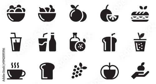 Healthy lifestyle icons featuring organic food drinks and bakery items for nutritional design projects