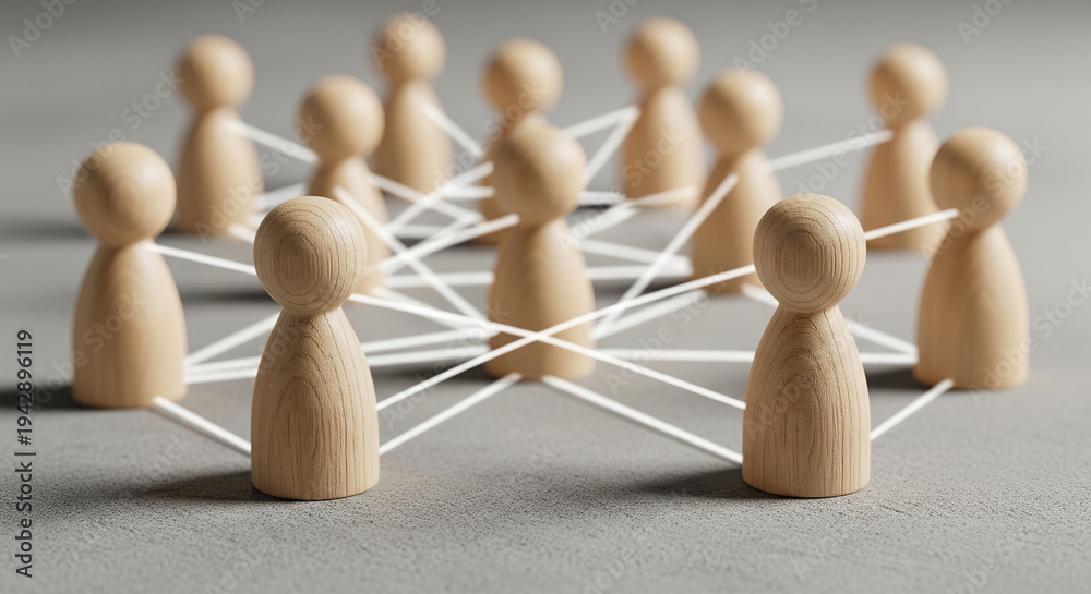 Obraz premium Connected wooden figures demonstrating network structure perfect for business team organization and corporate leadership