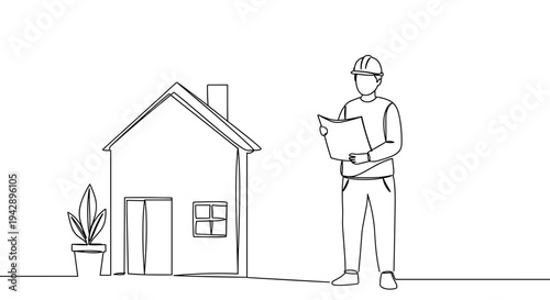 Contour line artwork of a construction worker holding plans beside a house with a potted plant outdoors on a transparent background in simple black and white illustration style