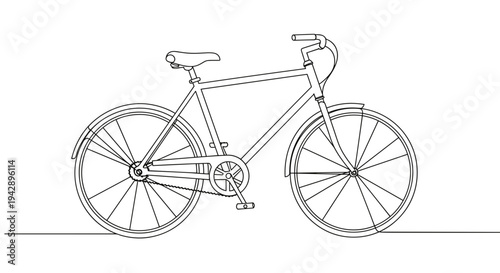Contour line artwork of a bicycle isolated on a transparent background, showcasing its sleek design, functional elements, and modern style with clear delineation of all parts
