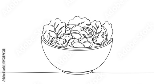Contour line artwork of a bowl of fresh salad with leafy greens and assorted vegetables on a transparent background