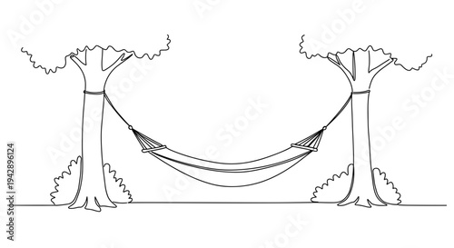 Contour line artwork of two trees with a hammock hanging between them in a peaceful outdoor setting isolated on a transparent background