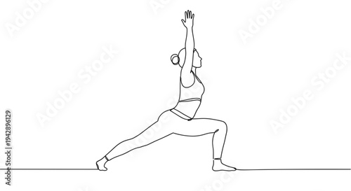Contour line artwork of a woman practicing yoga in a warrior pose with one arm raised on a transparent background