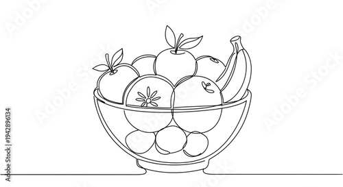 Contour line artwork of a bowl filled with fruits including oranges, apples, bananas, and grapes isolated on a transparent background