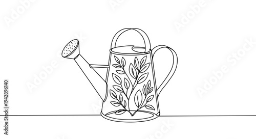Contour line artwork of a watering can surrounded by plants on a transparent background with intricate details and a minimalist style highlighting nature and gardening.