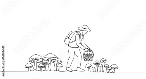 Contour line artwork of a person harvesting mushrooms in a forest setting with various types of fungi, outlined in black on a transparent background.