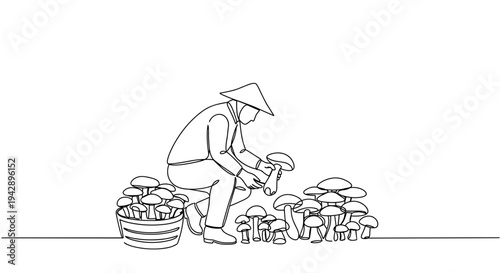 Farmer harvesting mushrooms with basket in field outline illustration  