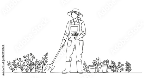 Contour line artwork of a farmer cultivating vegetables in a garden on a transparent background with a hat and tools, surrounded by plants and a bucket