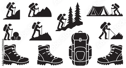 Hiking and trekking icons set featuring backpackers mountains camping tent boots and outdoor gear