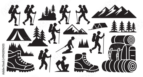 Set of black and white silhouettes of hikers, mountains, tents, and hiking gear on white background
