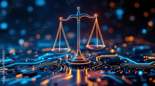 Digital Law and Justice Scales on a Circuit Board Symbolizing Legal Technology and Digital Justice