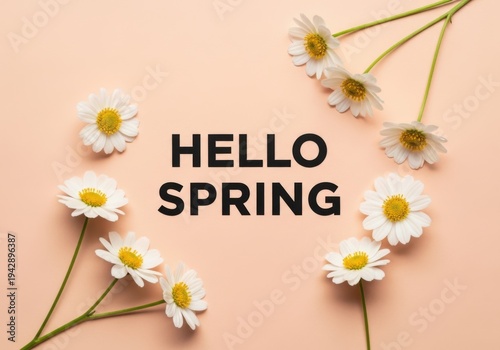 Hello spring daisies on a soft peach background with text overlay