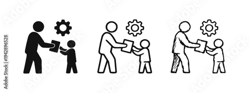 Education and knowledge transfer icon set. A person giving a document to another with a gear symbol, in solid, outline, and doodle style.