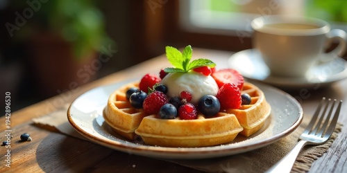 Wallpaper Mural A delightful waffle topped with creamy ice cream and a vibrant medley of fresh summer berries, served on a rustic wooden table alongside a steaming cup of coffee. Torontodigital.ca