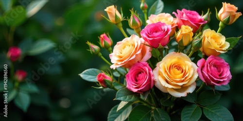 Wallpaper Mural A vibrant bouquet of pink and yellow roses, freshly bloomed and arranged in a lush green garden setting, showing delicate petals and stems Torontodigital.ca