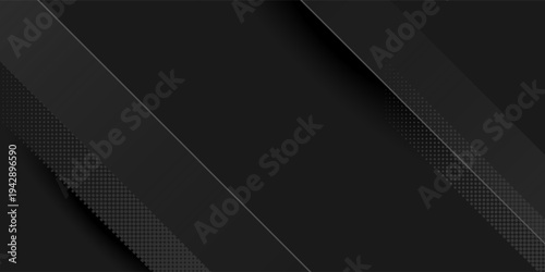 Black abstract background design. Modern wavy line pattern (guilloche curves) in monochrome colors. Premium stripe texture for banner, business backdrop. Dark horizontal vector template