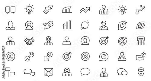 Set of business and finance icons communication success growth strategy and teamwork symbols simple outline vector