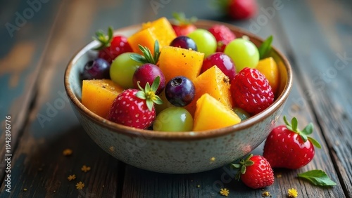 Wallpaper Mural A vibrant bowl of fresh fruit salad, featuring juicy strawberries, sweet cantaloupe, and plump green grapes, creating a delightful summer treat. Torontodigital.ca