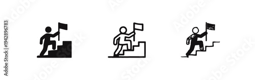 Progress and career growth icon set. Person climbing stairs with a flag, symbolizing goal achievement, in solid, outline, and doodle style.