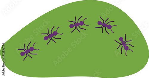 Ants walking in a line, representing teamwork and a journey on a green surface