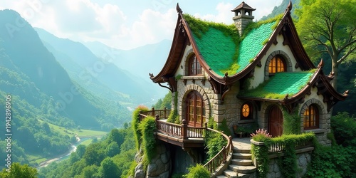 Wallpaper Mural A Picturesque Stone Cottage Nestled High in Verdant Mountains with a Lush Green Roof, Overlooking a Serpentine River Valley Torontodigital.ca