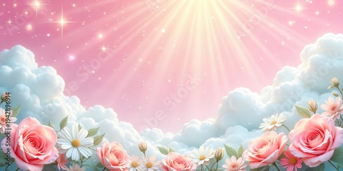 Wallpaper Mural Celestial Dreamscape Pink Roses and Daisies Adorn a Soft, Dreamlike Cloudscape Under a Radiant Sun and Sparkling Stars Torontodigital.ca