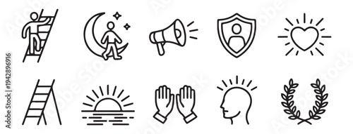 Personal development and career growth icons with ladder climbing heart sun and laurel wreath symbol