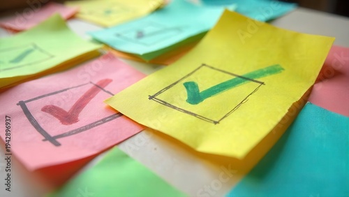 Wallpaper Mural Colorful Checklist Notes A Close-Up View of Hand-Drawn Checkmarks on Assorted Sticky Notes Representing Task Completion and Organization Torontodigital.ca