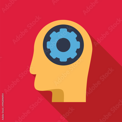 Human head profile illustrating a thinking mind and problem solving process with a gear