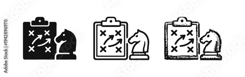 Chess knight next to a clipboard with strategic arrows and marks, representing business strategy and tactical planning.